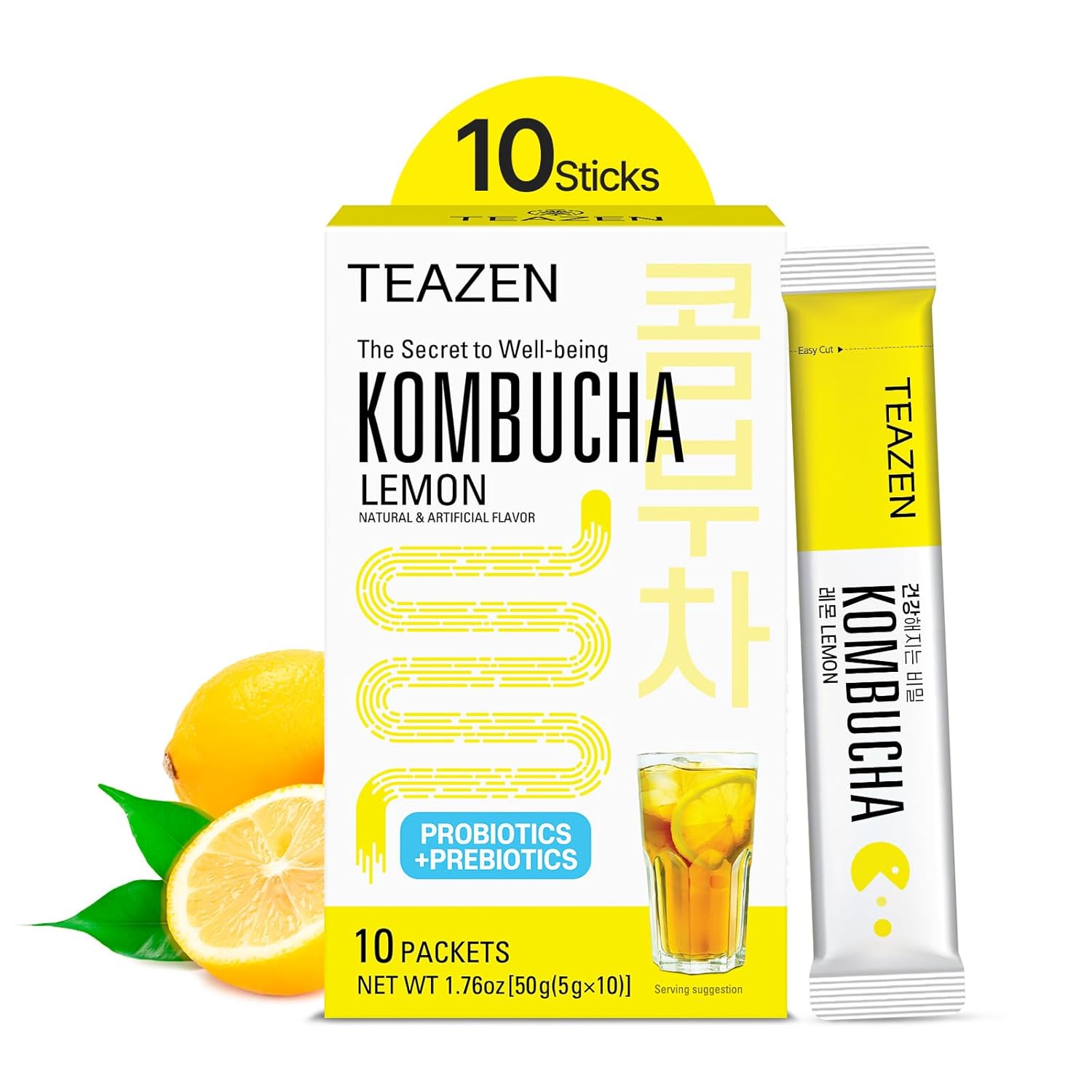 Teazen Lemon Kombucha Tea, Hydration Drink Mix, Sugar Free, Live Probiotics & Prebiotics, 10 Sticks, 1.76Oz