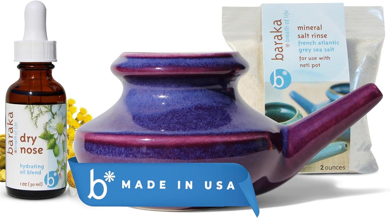 Sinus Ayurvedic Care Kit - Ceramic Neti Pot, Perfect For Sinus Relief. (1 Oz) Premium Quality Essential Oils And Mineral Salt Rinse (2 Oz)(Purple)