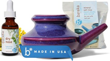 Sinus Ayurvedic Care Kit - Ceramic Neti Pot, Perfect For Sinus Relief. (1 Oz) Premium Quality Essential Oils And Mineral Salt Rinse (2 Oz)(Purple)