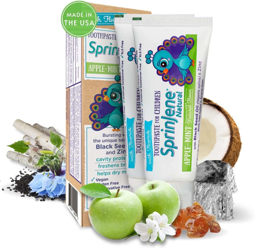 SprinJene Natural SLS Free Kids Patented Toothpaste with Fluoride for Cavity Protection & Fresh Breath, Vegan for Childrens 2 Years & Up Apple Mint 2 Pack