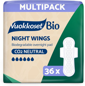 Vuokkoset Eco Night Wings - Biodegradable Thin 12.5 Inch Sanitary Towel Multipack 36 pcs for Sensitive Skin | Organic Cotton | Free of Dyes, Fragrances & Chlorine | Eco-Friendly, Absorbent Core |