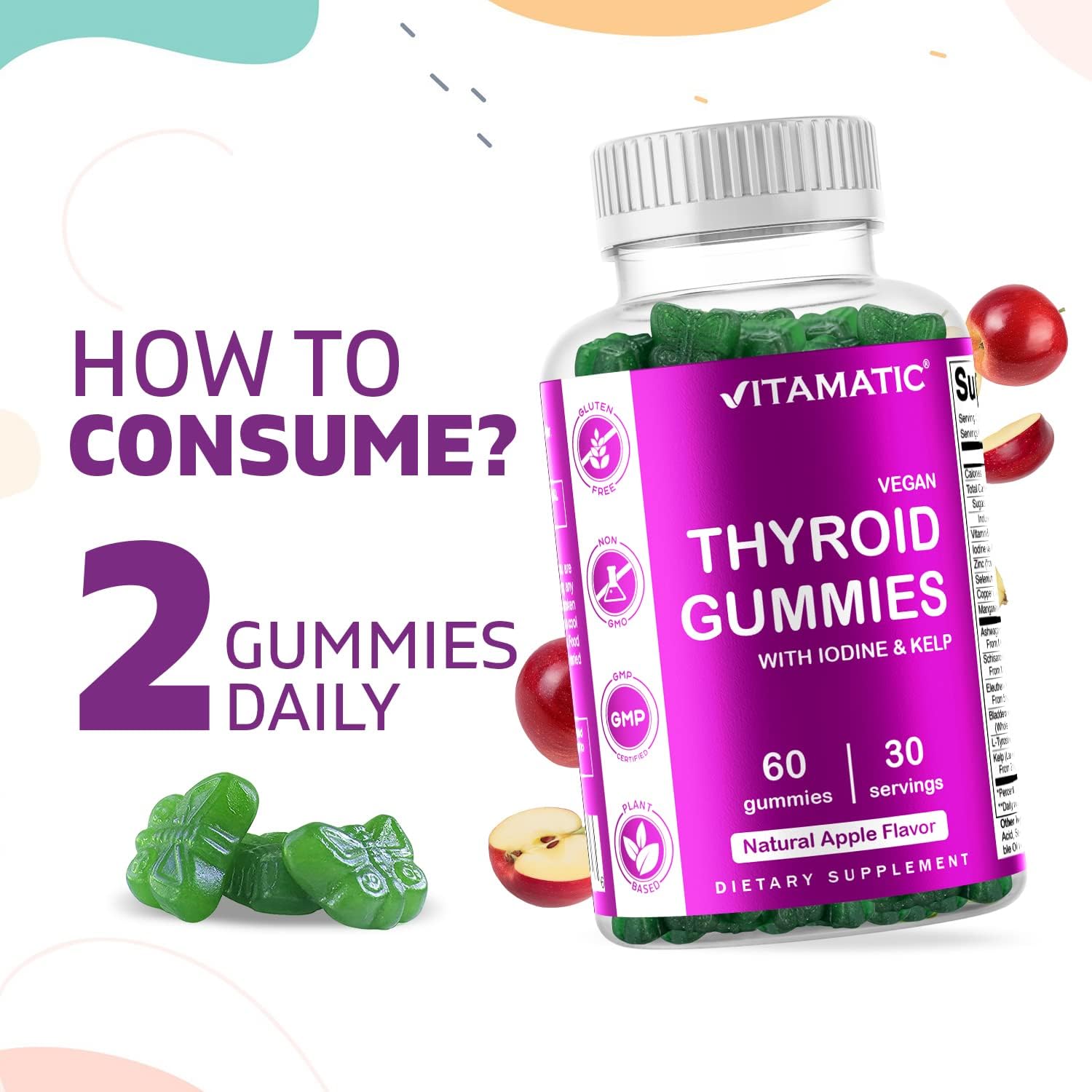 Vitamatic Vegan Thyroid Support Gummies with Iodine & Kelp - 60 Count - Improve Your Energy & Increase Metabolism - Plant Based : Health & Household