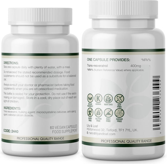 Lily & Loaf Trans-Resveratrol 400Mg – High Strength Antioxidant Supplement For Heart Health, Healthy Ageing & Cellular Protection – 30 Vegan Capsules – 1 Month Supply