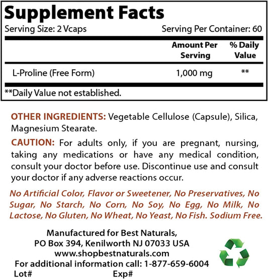 Best Naturals L-proline Amino Acid Dietary Supplement 500 Mg, 120 Count (817716014456)