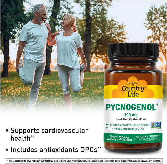 Country Life Pycnogenol 100Mg - French Maritime Pine Bark Extract Antioxidants Supplement - Supports Cardiovascular Health - No Yeast, Corn, Wheat, Soy, Milk, Salt, Preservatives - 30 Capsules