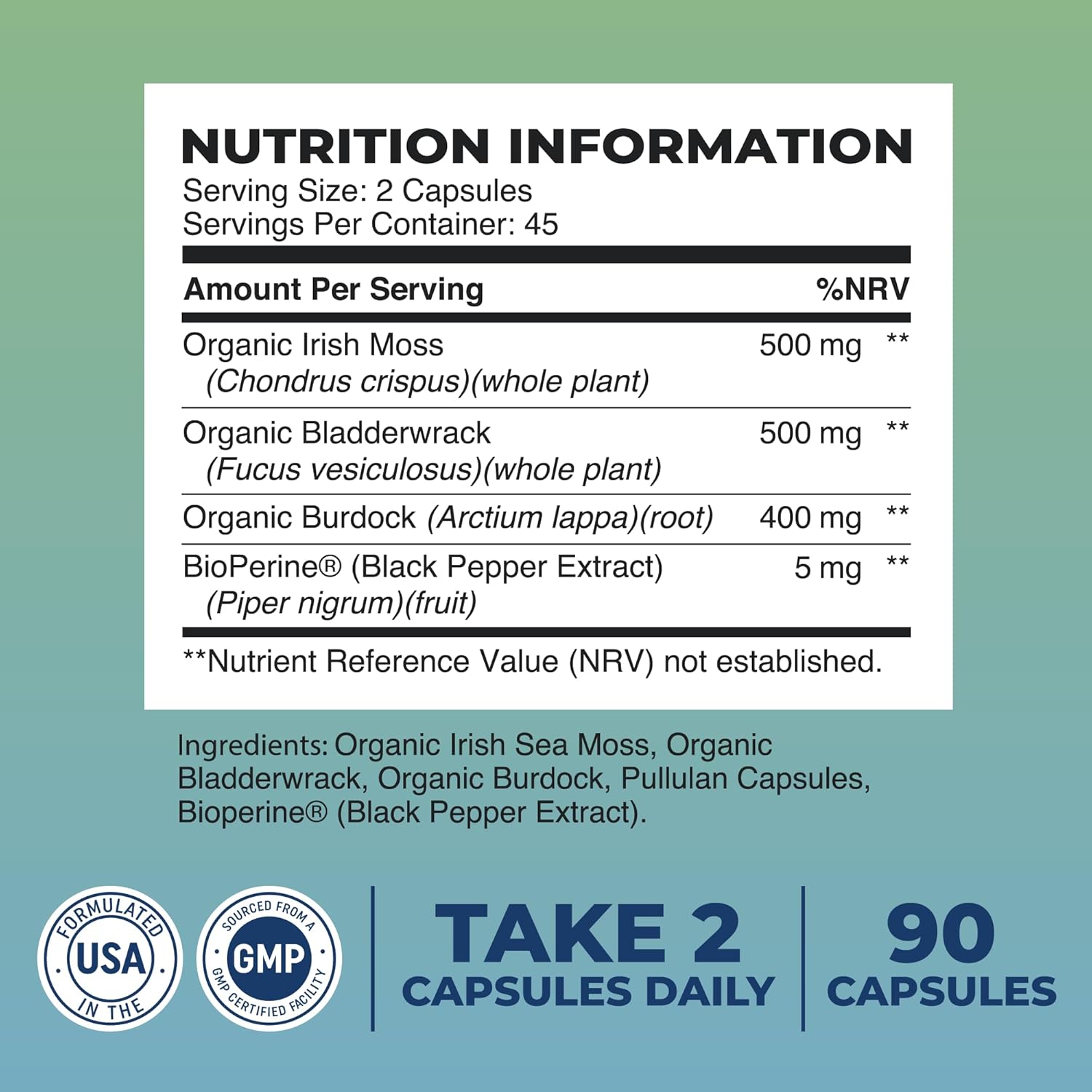 Irish Sea Moss Capsules | With Organic Irish Moss, 300mg Burdock Root & 500mg Bladderwrack Powder | 45-Day Supply | 1300mg Complex | Provides Iodine for Thyroid & Immune Support | 90 Veggie Pills : Health & Household