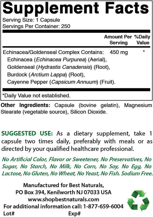 Best Naturals Echinacea Goldenseal 450 mg 250 Caps