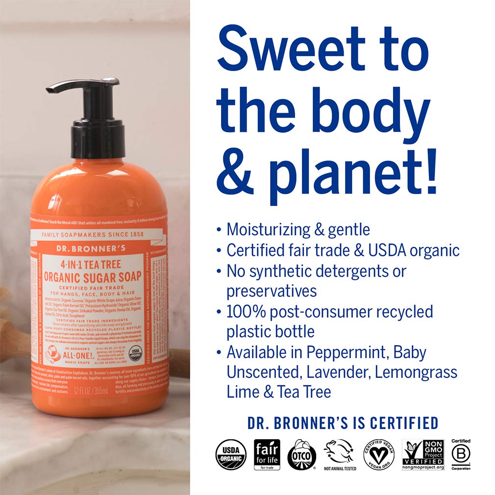 Dr. Bronner's - Organic Sugar Soap (Tea Tree, 12 Ounce) - Made with Organic Oils, Sugar and Shikakai Powder, 4-in-1 Uses: Hands, Body, Face and Hair, Cleanses, Moisturizes and Nourishes, Vegan : Bath Soaps : Beauty & Personal Care