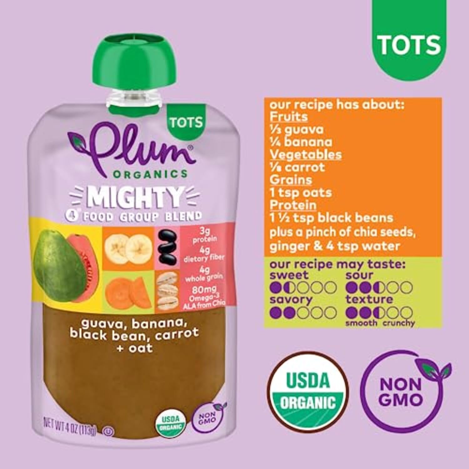 Plum Organics Mighty 4 Organic Toddler Food - Guava, Banana, Black Bean, Carrot, and Oat - 4 oz Pouch (Pack of 6) - Organic Fruit and Vegetable Toddler Food Pouch : Everything Else