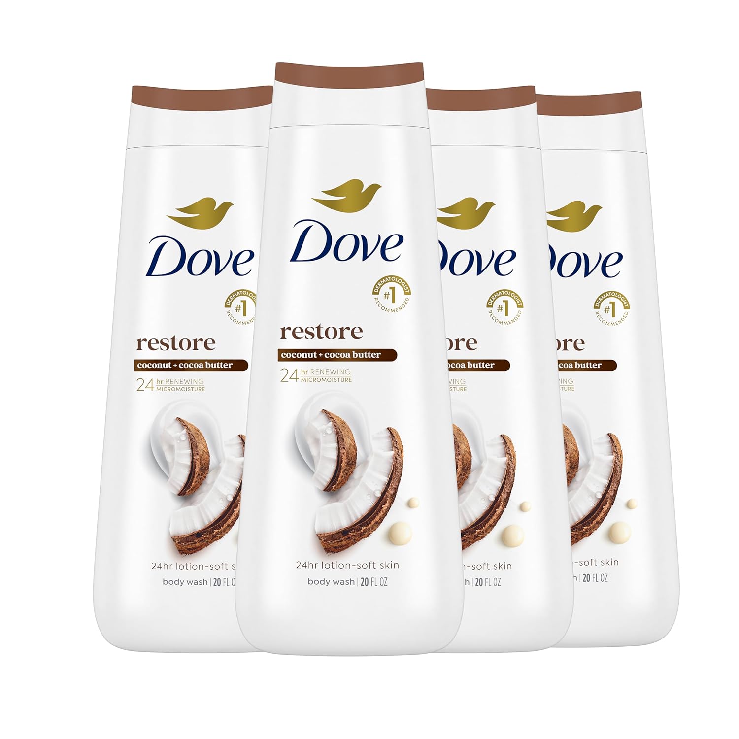 Dove Body Wash Restore Coconut & Cocoa Butter For 24Hr Lotion-Soft Skin Moisturizing Skin Cleanser With No Sulfates No Parabens 20 Oz