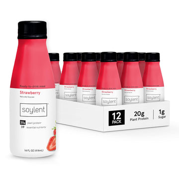 Soylent Strawberry Meal Replacement Shake, Ready-To-Drink Plant Based Protein Drink, Contains 20G Complete Vegan Protein And 1G Sugar, 14Oz, 12 Pack