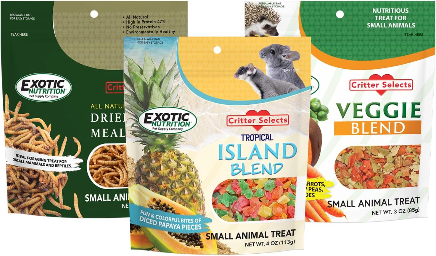 Treat Assortment 3 Pack - Pet Treats With Mix Of Dried Fruits, Dried Insects, & Other Crunchies - For Sugar Gliders, Hedgehogs, Squirrels, Rabbits, Marmosets, Rats, Hamsters - Sample Variety