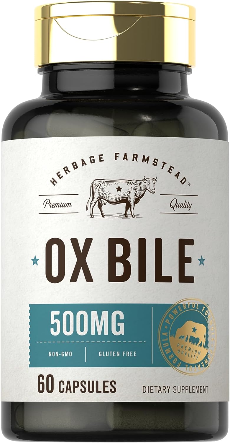 Ox Bile Supplement | 500mg | 60 Capsules | Digestive Enzyme | Non-GMO & Gluten Free | by Herbage Farmstead