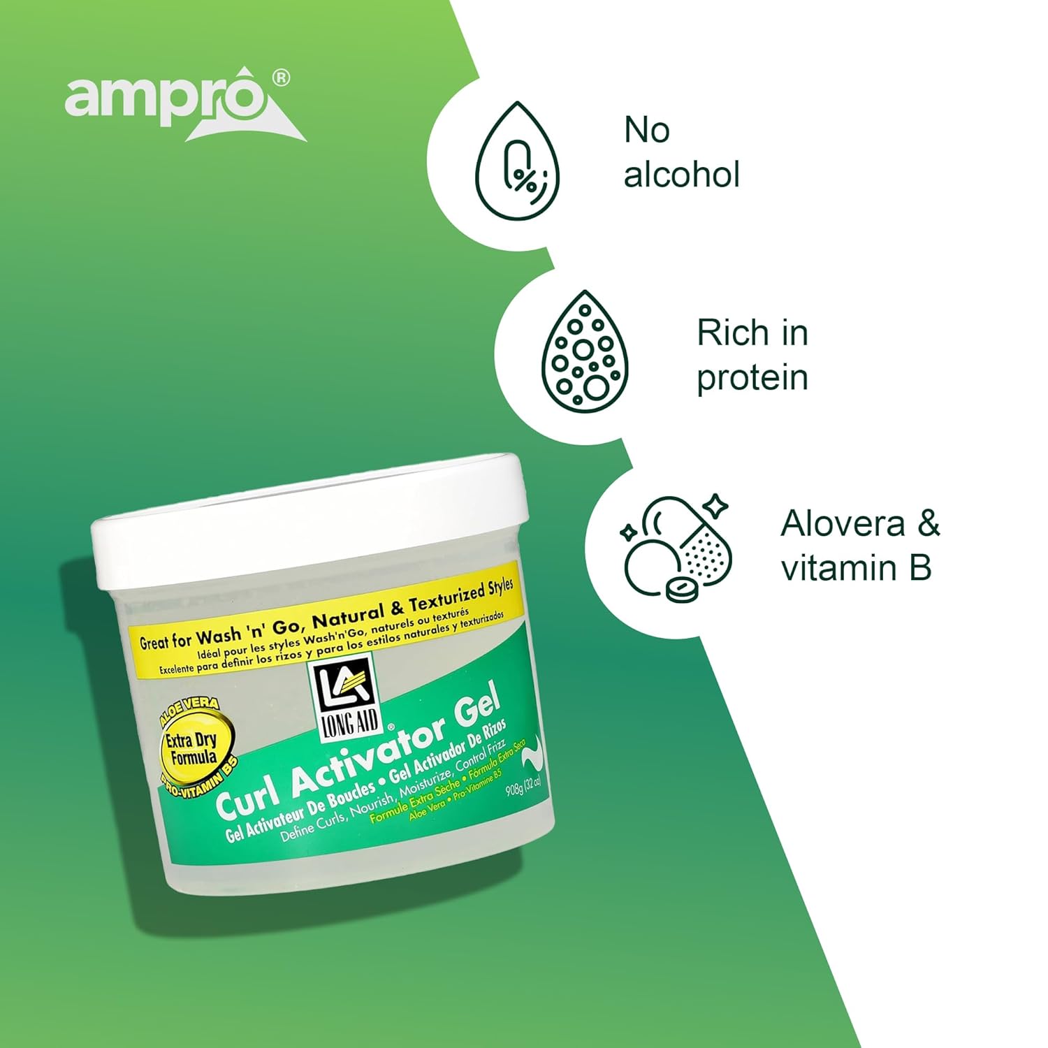 Ampro Long-Aid Activator Gel - Enriched With Aloe Vera, Protein, And Vitamin B Complex - Brings Essential Moisture To Strands - Defines Your Natural Curls - Extra Dry - 32 Oz : Beauty & Personal Care