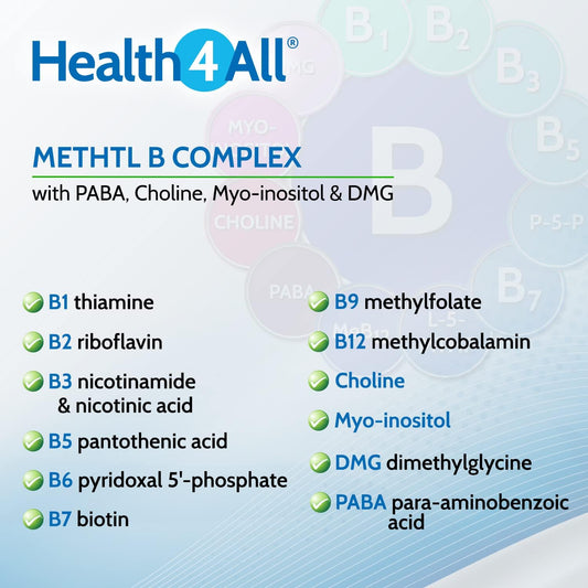 Methyl B Complex 60 Capsules (V) (not Tablets) with Methylcobalamin, Methyl Folate, P5P, Choline, Myo-Inositol, DMG and PABA for Stress Support, Energy and methylation. Made in UK by Health4All
