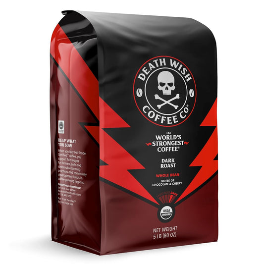 Death Wish Coffee Whole Bean Dark Roast - Extra Kick of Caffeine - USA Organic Coffee Beans - Fair Trade Arabica & Robusta Coffee Beans - Dark Roast Coffee Beans (80 oz.) : Coffee Beans Death By Coffee : Everything Else