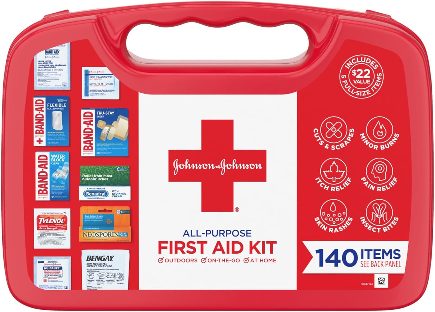 Johnson & Johnson All-Purpose Portable Compact First Aid Kit For Minor Cuts, Scrapes, Sprains & Burns, Ideal For Home, Car, Travel And Outdoor Emergencies, 140 Pieces