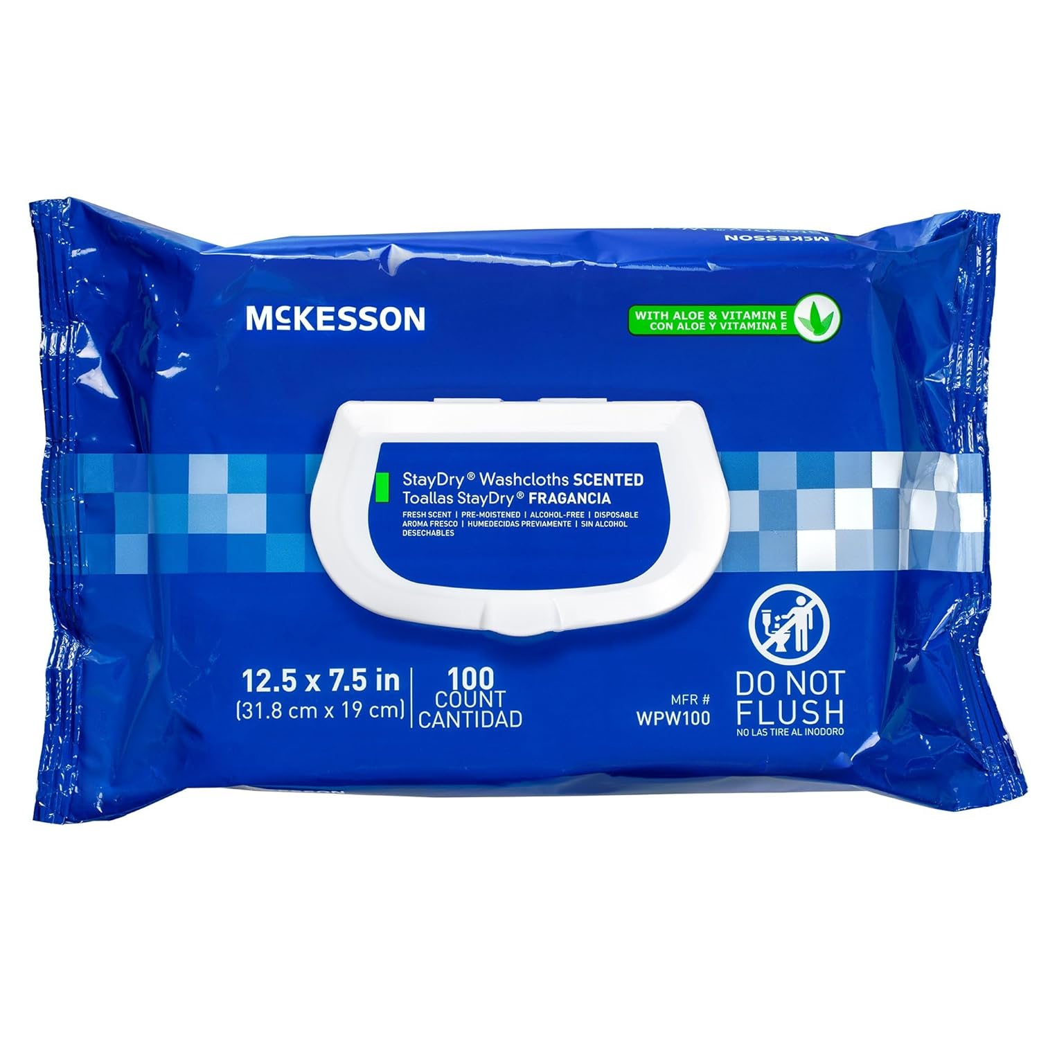 Mckesson Staydry Disposable Wipe - Large Adult Body And Incontinence Washcloths With Aloe And Vitamin E, Alcohol-Free, 100 Wipes Per Pack