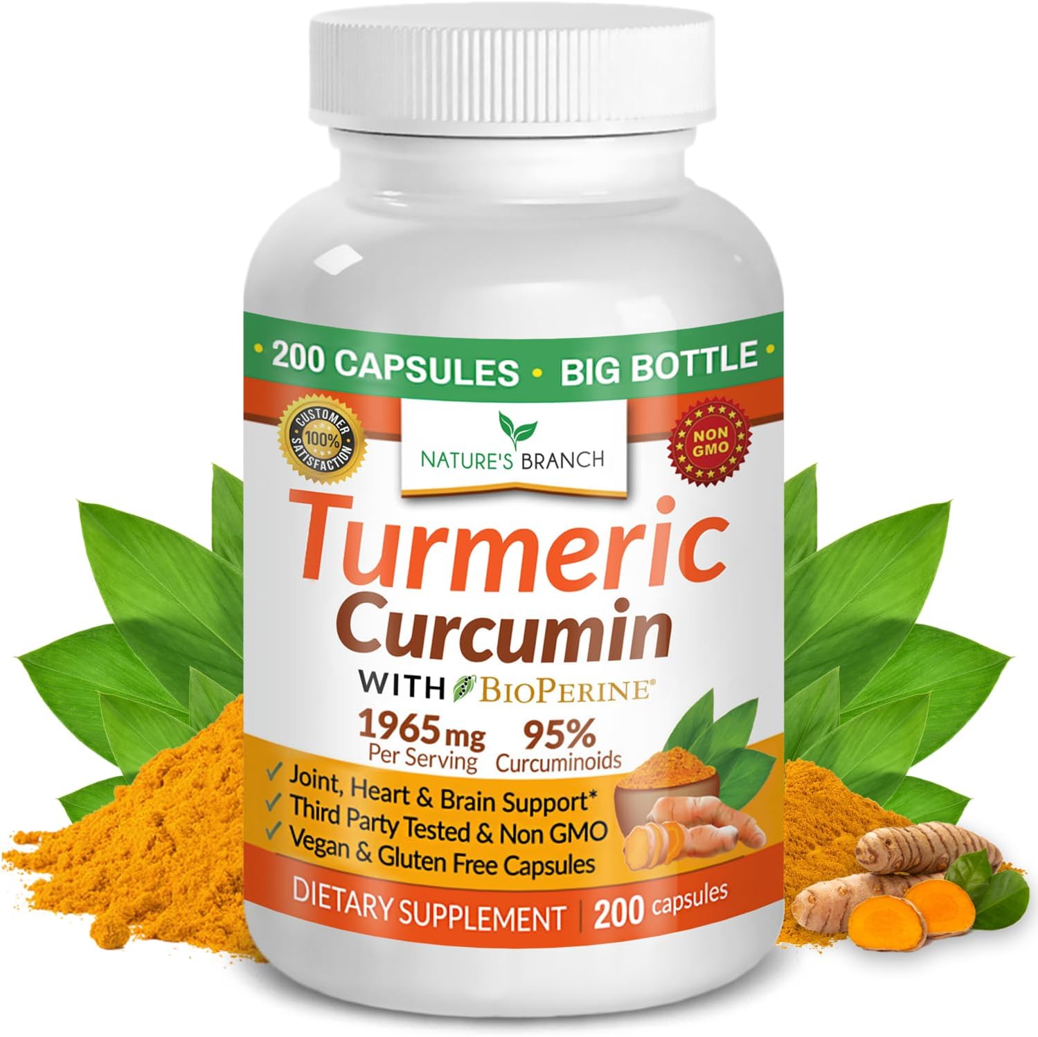 Turmeric Curcumin with Black Pepper BioPerine - 200 Capsules - Extra Strength 1965mg Joint Support Supplement, High Absorption, Made in USA w/Organic Root Powder, Vitamin Extract Complex Vegan Pills