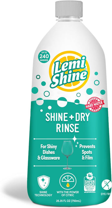 Lemi Shine - Shine + Dry Natural Dishwasher Rinse Aid, Hard Water Stain Remover (1 Pack - 25.35 Oz)