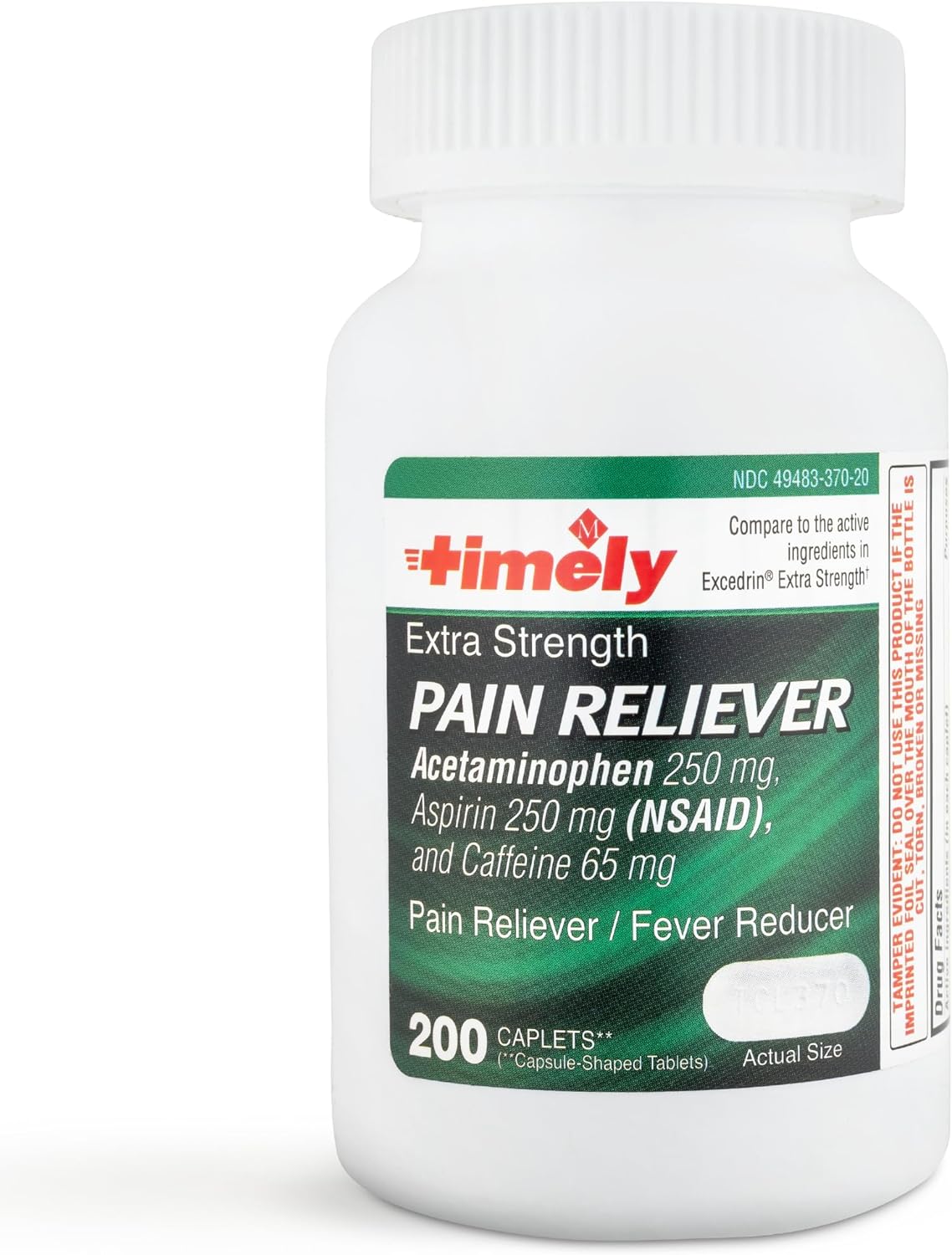 Timely Extra Strength Headache Relief - Acetaminophen with Aspirin & Caffeine (200 Caplets) - Headache, Migraine & Back and Body Pain & Muscle Aches - Compares to Excedrin Extra Strength - Made In USA