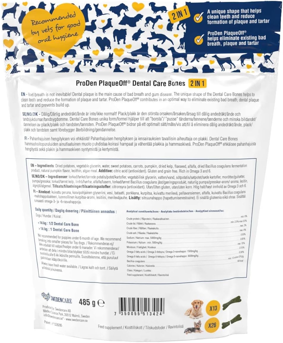 Swedencare UK ProDen PlaqueOff Dental Bones Vegetable Fusion (Pack of 13 - 485 g) for Dogs, Bad Breath, Plaque, Tartar :Pet Supplies