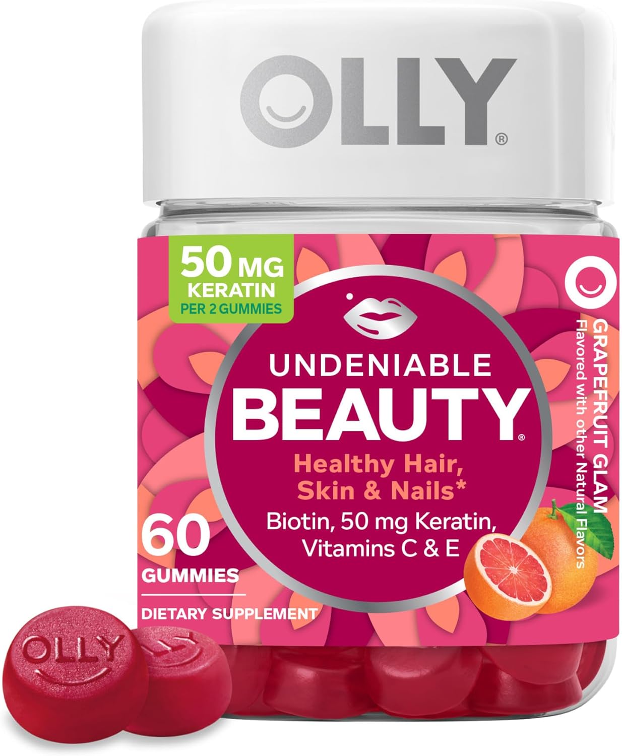 Olly Undeniable Beauty Gummy, For Hair, Skin, Nails, Biotin, Vitamin C, Keratin, Chewable Supplement, Grapefruit, 30 Day Supply - 60 Count