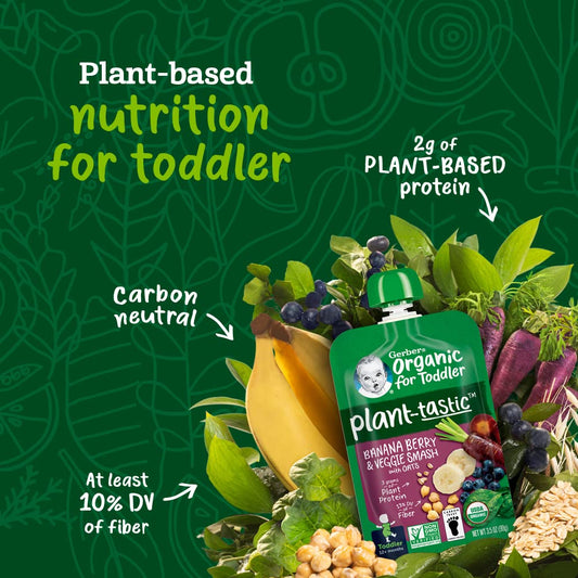 Gerber Organic Baby Food Pouches, Toddler, Plant-tastic, Banana Berry & Veggie Smash, 3.5 Ounce (Pack of 12)