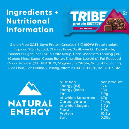 Tribe Protein + Focus Bar - Choc Brownie - 10G Protein, 9 Energy & Focus Nutrients, Lions Mane, Plant Based, Vegan Snack & Gluten Free (60G X 12 Bars)