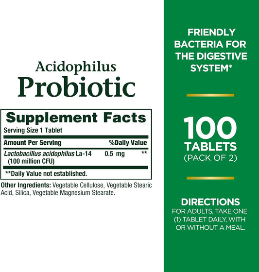 Nature'S Bounty Acidophilus Probiotic, Daily Probiotic Supplement, Supports Digestive Health, Twin Pack, 100 Count (Pack Of 2)