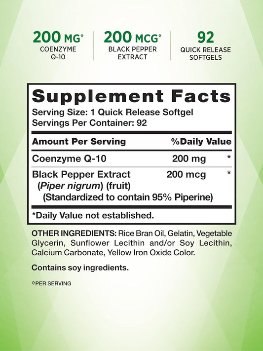 Coq10 200 Mg Softgels | 92 Count | Enhanced Absorption Supplement | With Black Pepper Extract | Non-Gmo, Gluten Free Supplement | By Nature'S Truth