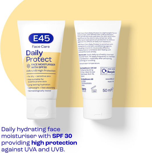 E45 Spf Face Moisturiser - Hydrating Facial Moisturiser Spf 30 Protection Against Uva & Uvb Rays - Spf Face Cream For Dry Skin, Sensitive Skin And Eczema Prone Skin - Spf Day Cream 50 Ml