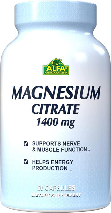 Magnesium Citrate 1400 mg by Alfa Vitamins - Supports Nerve & Muscle Function - Helps Energy Production - 60 Capsules