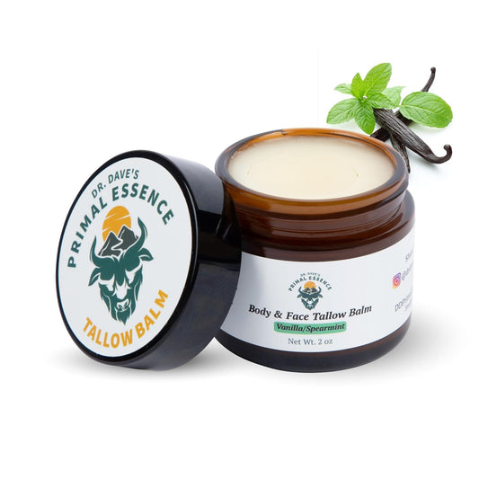 Dr. Dave'S Primal Essence Grass Fed Beef Tallow Balm For Face And Body With Shea Butter, Organic Jojoba Oil, Honey, And Beeswax – Beef Tallow For Skin – Vanilla And Spearmint – 2 Oz