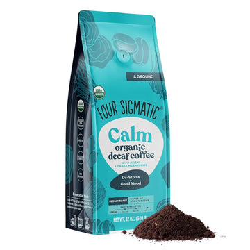 Four Sigmatic Calm Organic Decaf Ground Coffee | Swiss Water Decaf Coffee Ground | Decaffeinated Coffee with Chaga & Reishi Mushroom Extracts | Decaf Coffee for Stress Relief | 12oz Bag