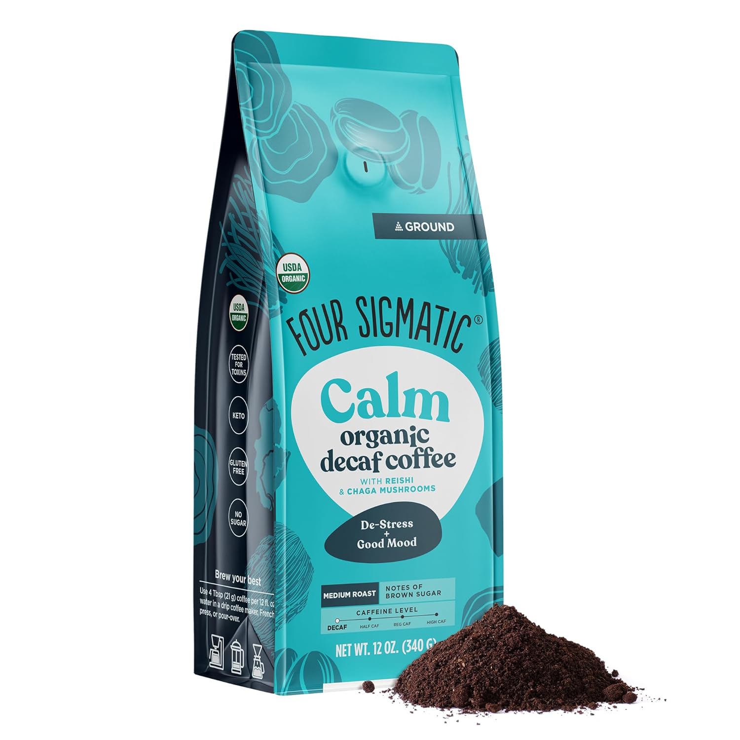 Four Sigmatic Calm Organic Decaf Ground Coffee | Swiss Water Decaf Coffee Ground | Decaffeinated Coffee With Chaga & Reishi Mushroom Extracts | Decaf Coffee For Stress Relief | 12Oz Bag