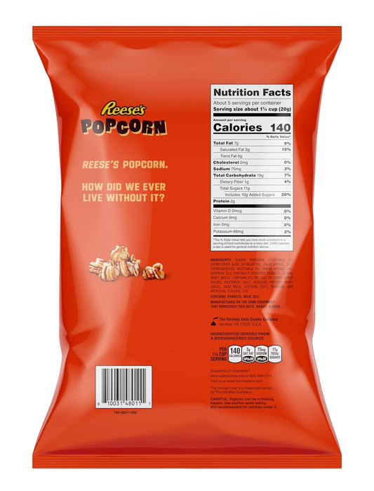 Reese'S Popcorn, 5.25Oz Grocery Sized Bag, Popcorn Drizzled In Reese'S Peanut Butter And Chocolate, Ready To Eat, Savory Snack, Sweet And Salty Snacks