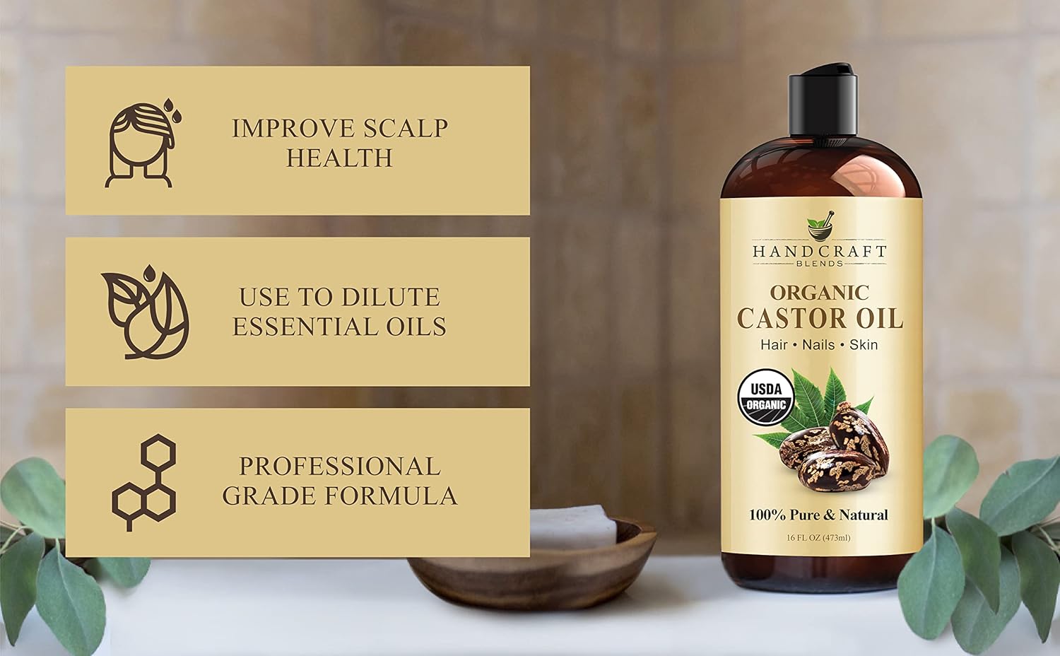 Handcraft Blends Organic Castor Oil - 16 Fl Oz - 100% Pure and Natural - Premium Grade Oil for Hair Growth, Eyelashes and Eyebrows - Carrier Oil - Hair and Body Oil - Expeller-Pressed and Hexane-Free : Beauty & Personal Care