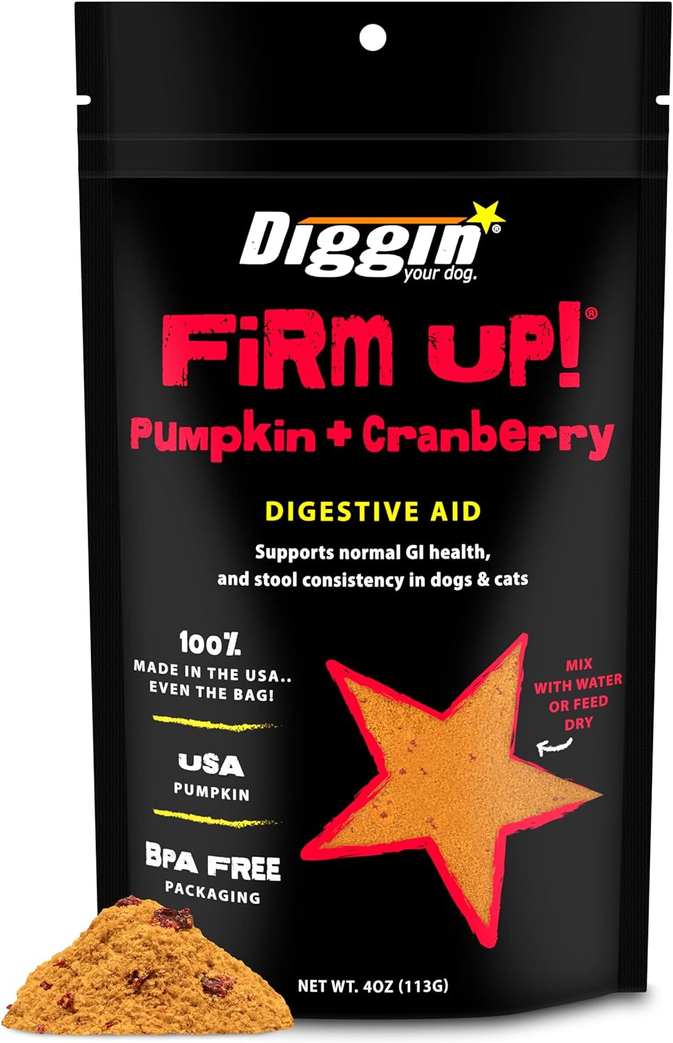 Diggin’ Your Dog Firm Up Pumpkin for Dogs & Cats with Cranberry, 100% Made in USA, Pumpkin Powder for Dogs, Digestive Support, Apple Pectin, Fiber, Healthy Stool, 4 oz