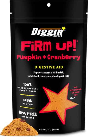 Diggin’ Your Dog Firm Up Pumpkin for Dogs & Cats with Cranberry, 100% Made in USA, Pumpkin Powder for Dogs, Digestive Support, Apple Pectin, Fiber, Healthy Stool, 4 oz