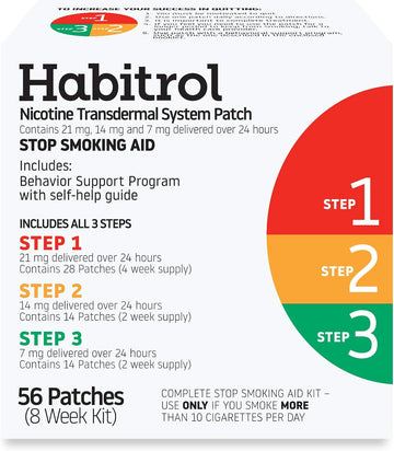 Habitrol Nicotine Transdermal System Patch | Stop Smoking Aid | Steps 1, 2, And 3 (21, 14, And 7 Mg) | 56 Patches (8 Week Kit)