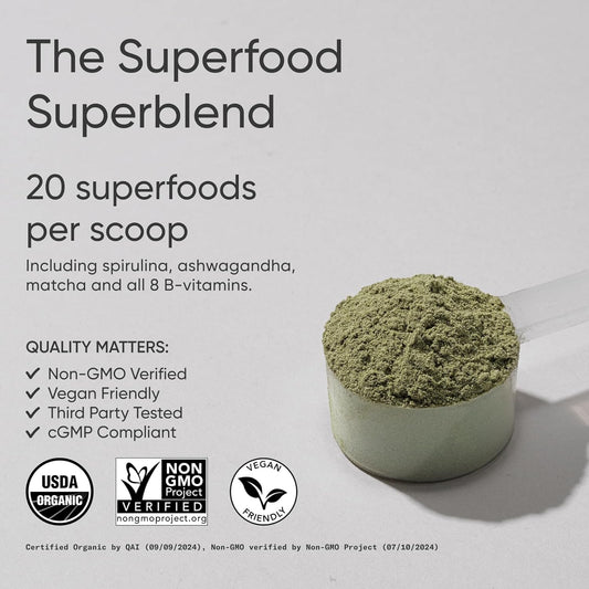 Sports Research® Organic Greens Superfood Powder W/Spirulina & Chlorella, Adaptogens, Enzymes, Probiotics & B Vitamins For Gut & Mood Support* - Vegan, Sugar-Free & Low Cal - 20 Servings