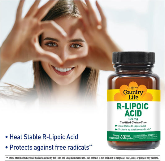 Country Life R-Lipoic Acid, 100Mg, 60 Vegan Capsules, Certified Gluten Free, Certified Vegan, Certified Halal, Non-Gmo Verified