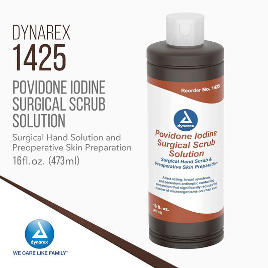 Dynarex Povidone-Iodine Scrub Solution, Antiseptic Solution For Skin And Mucosa, Ideal For Surgical Site Preparation, Contains Povidone Iodine 7.5%, 16 Fl. Oz., 1 Bottle