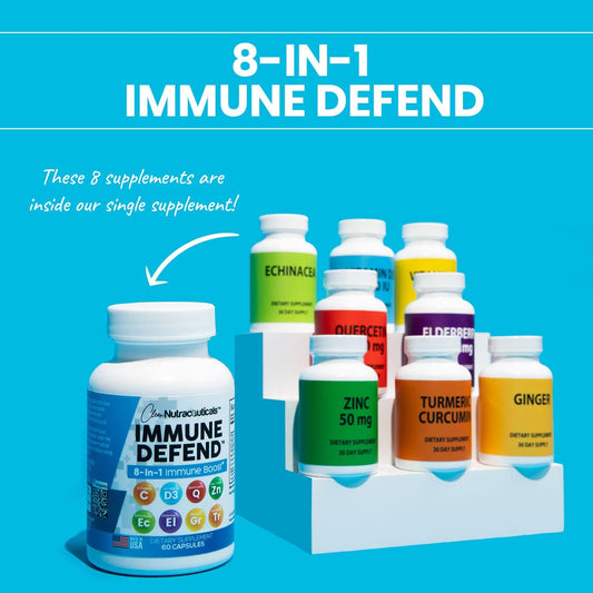 Clean Nutraceuticals Immune Defense Support Supplement 8 in 1 w/Zinc 50mg Quercetin, VIT C 1000mg, Vitamin D3 5000 IU, Elderberry, Turmeric, Echinacea, Immunity System Booster Adults Vegan, 60Ct (USA)