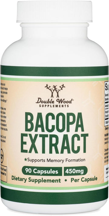 Bacopa Monnieri Capsules 20% Bacosides 450Mg, 90 Count (Non-Gmo, Gluten Free) Brahmi Extract (Memory Supplement For Brain Health, Focus, And Cognitive Function) By Double Wood