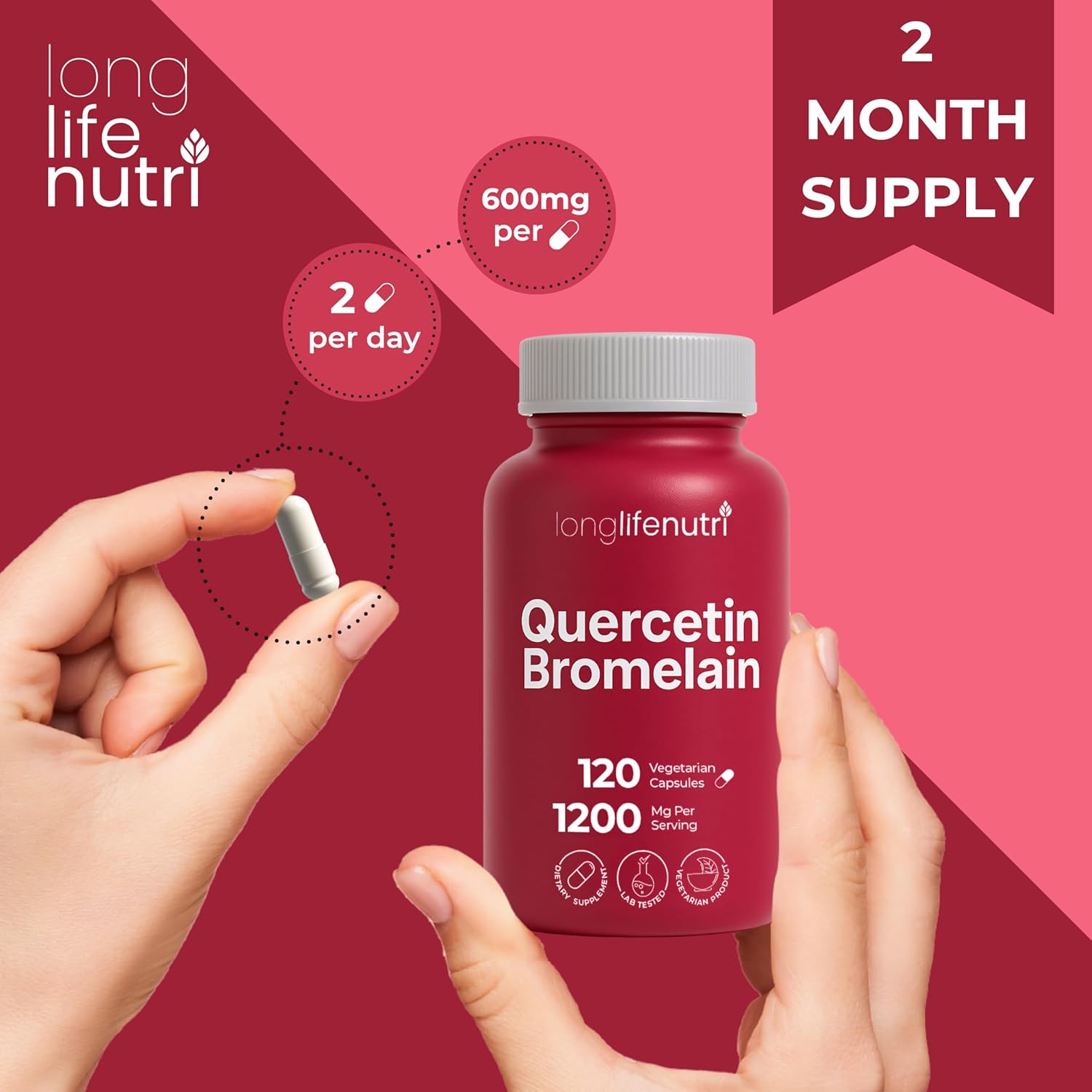 Longlifenutri Quercetin 1000Mg With Bromelain 200Mg - 120 Vegetarian Capsules, Organic Dihydrate Complex For Joint Mobility & Respiratory Balance, 2-Month Supply, Gmp Certified, Made In Usa : Health & Household