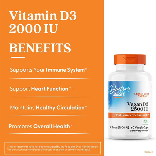 Doctors Best Vegan D3 2500 Iu, Plant Sourced Vitamin D3, Non-Gmo, Gluten Free, Soy Free, Vegan 60 Veggie Caps
