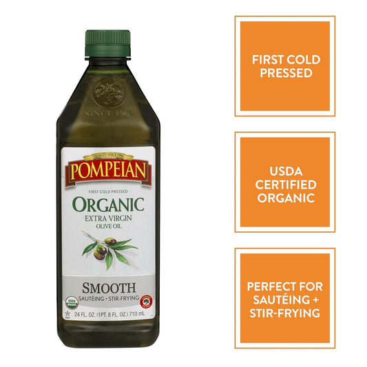 Pompeian Usda Organic Smooth Extra Virgin Olive Oil, First Cold Pressed, Smooth, Delicate Flavor, Perfect For Sautéing & Stir-Frying, 24 Fl. Oz