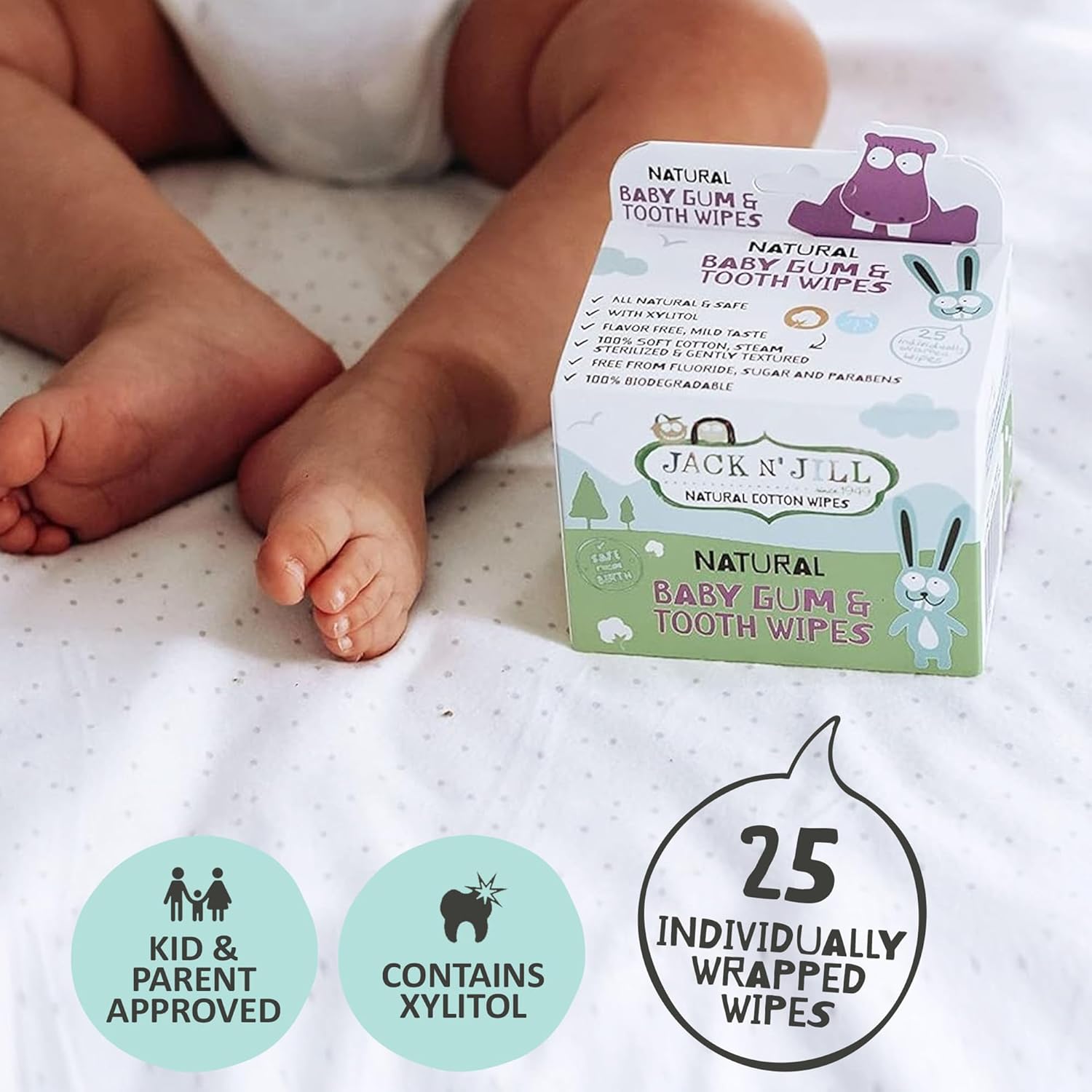Jack N' Jill Natural Baby Gum & Tooth Wipes - 25 pcs, Baby Oral Cleaner, Individually Wrapped, Contains Only Water & Xylitol, Made from Soft Cotton, Free from Fluoride & Sugar, Safe for Newborn Babies : Amazon.co.uk: Baby Products